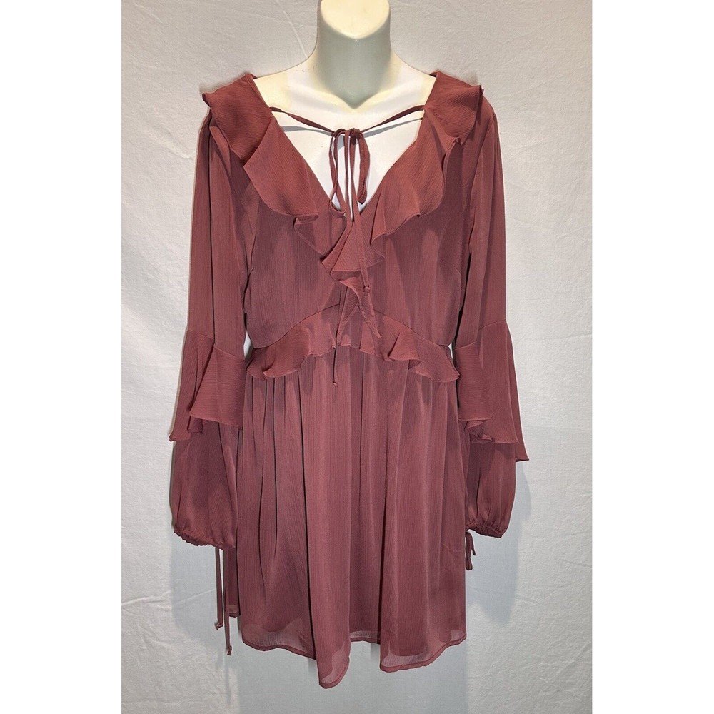 GB GIANNI BINI RUFFLE LONG SLEEVE CHIFFON V NECK Mauve Mini Dress Sz L